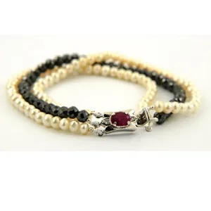 30ct Black Diamonds & Pearls Handcrafted Bracelet in silver 3-4 mm.AAA