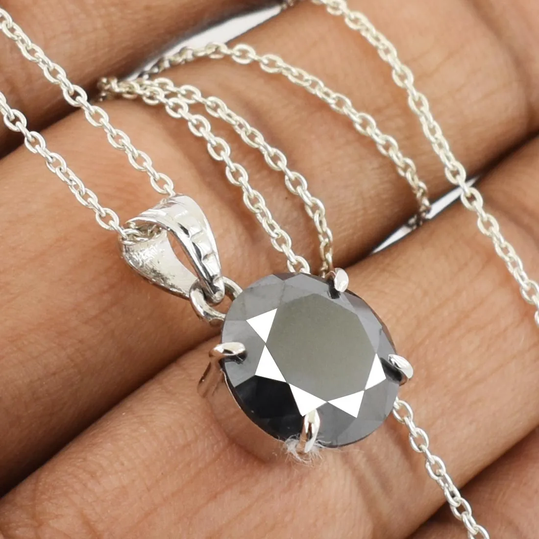 6 Ct Round Cut Black Diamond Pendant in 925 Sterling Silver- Free Chain