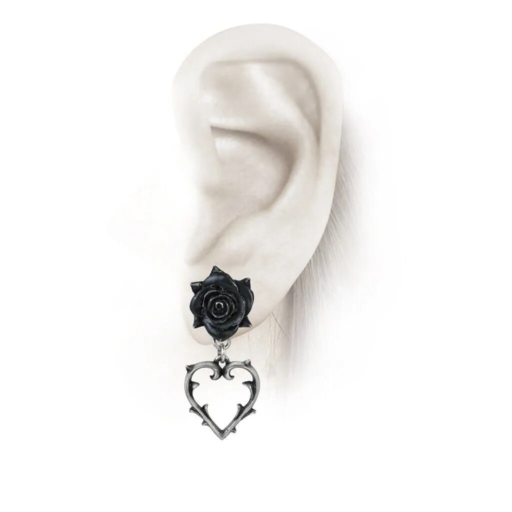 Alchemy Gothic E365 Wounded Love Earrings Black Rose Heart Thorn barbed romance