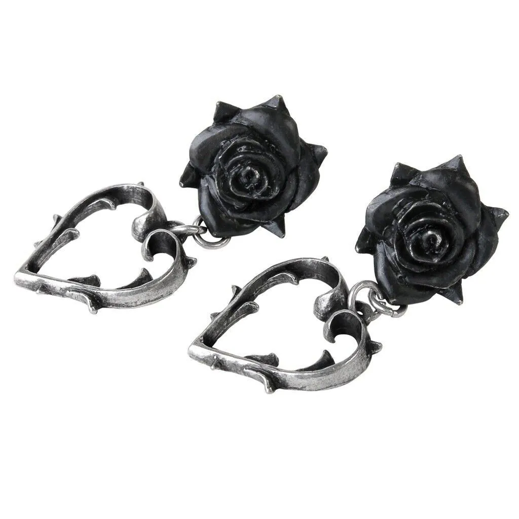 Alchemy Gothic E365 Wounded Love Earrings Black Rose Heart Thorn barbed romance