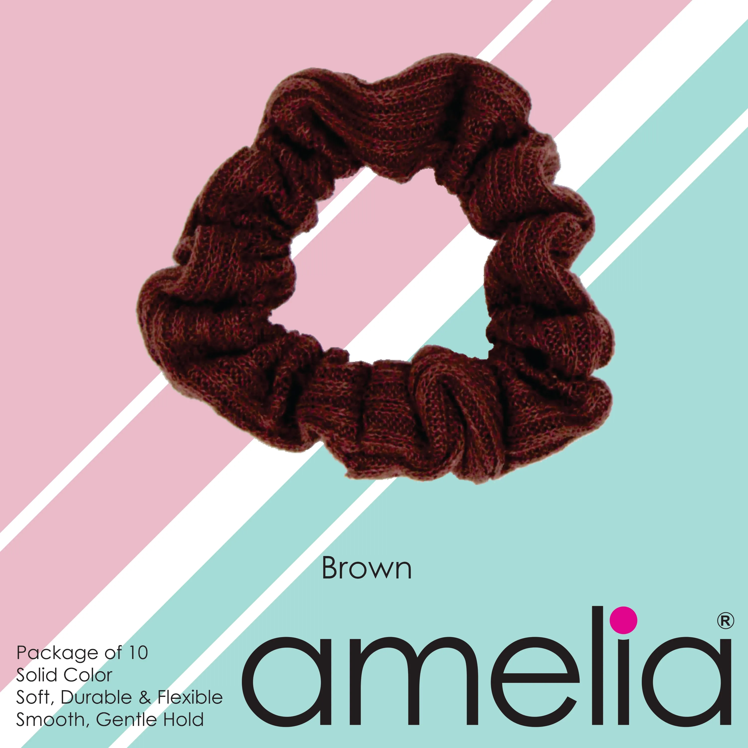 Amelia Beauty, Medium Brown Ribbed Scrunchies, 2.5in Diameter, Gentle on Hair, Strong Hold, No Snag, No Dents or Creases. 10 Pack