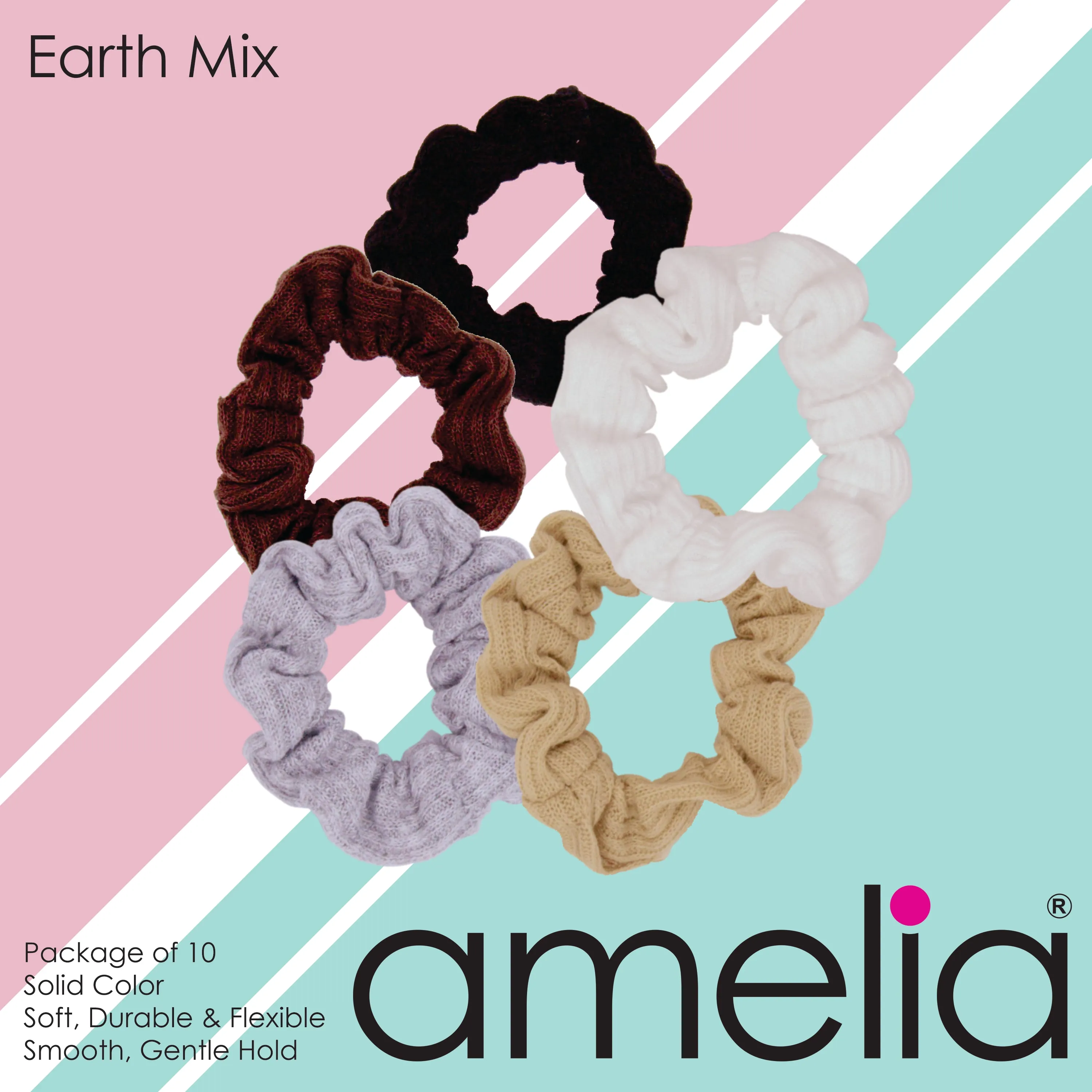 Amelia Beauty, Medium Earth Tones Ribbed Scrunchies, 2.5in Diameter, Gentle on Hair, Strong Hold, No Snag, No Dents or Creases. 10 Pack