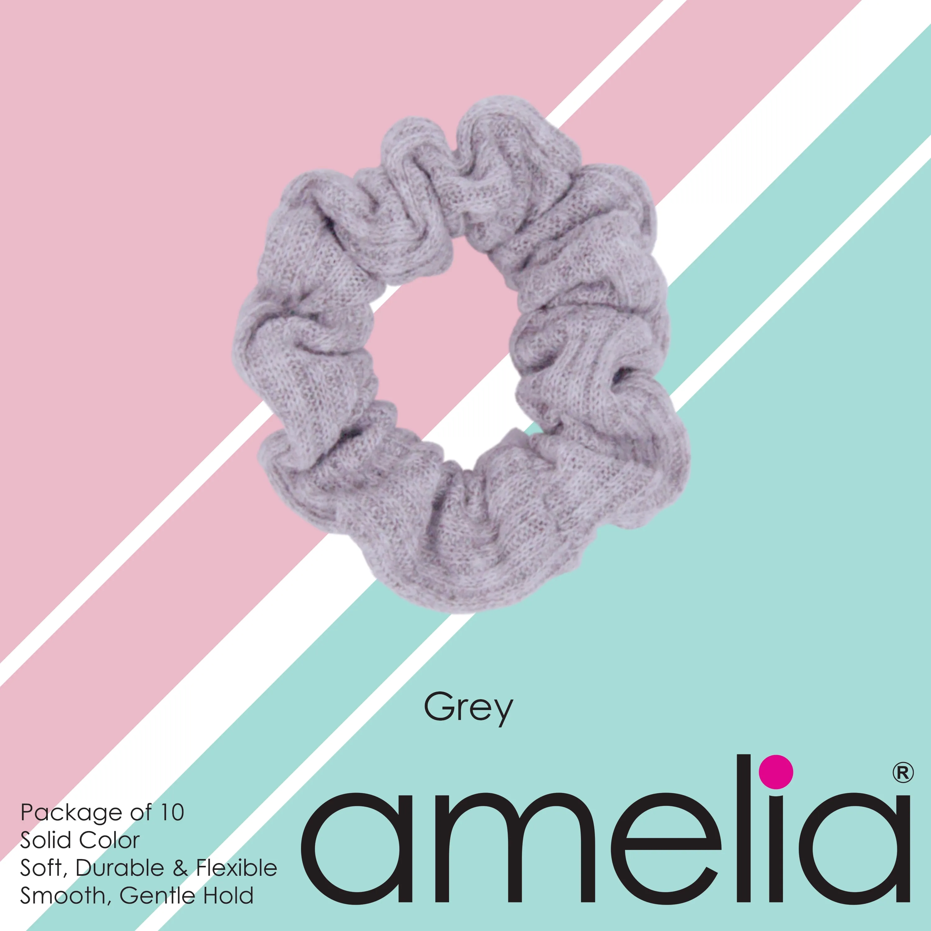 Amelia Beauty, Medium Gray Ribbed Scrunchies, 2.5in Diameter, Gentle on Hair, Strong Hold, No Snag, No Dents or Creases. 10 Pack