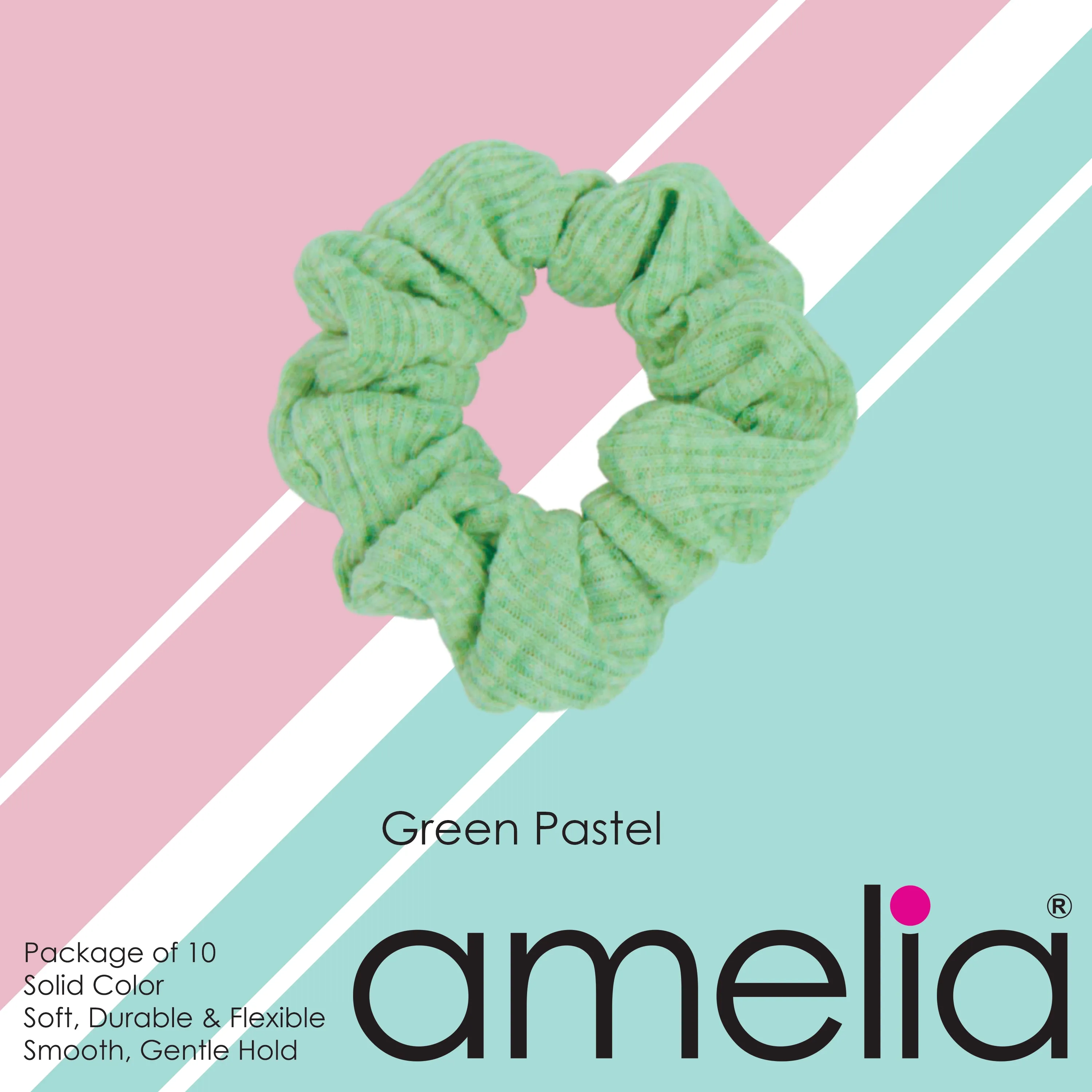 Amelia Beauty, Medium Pastel Green Ribbed Scrunchies, 2.5in Diameter, Gentle on Hair, Strong Hold, No Snag, No Dents or Creases. 10 Pack