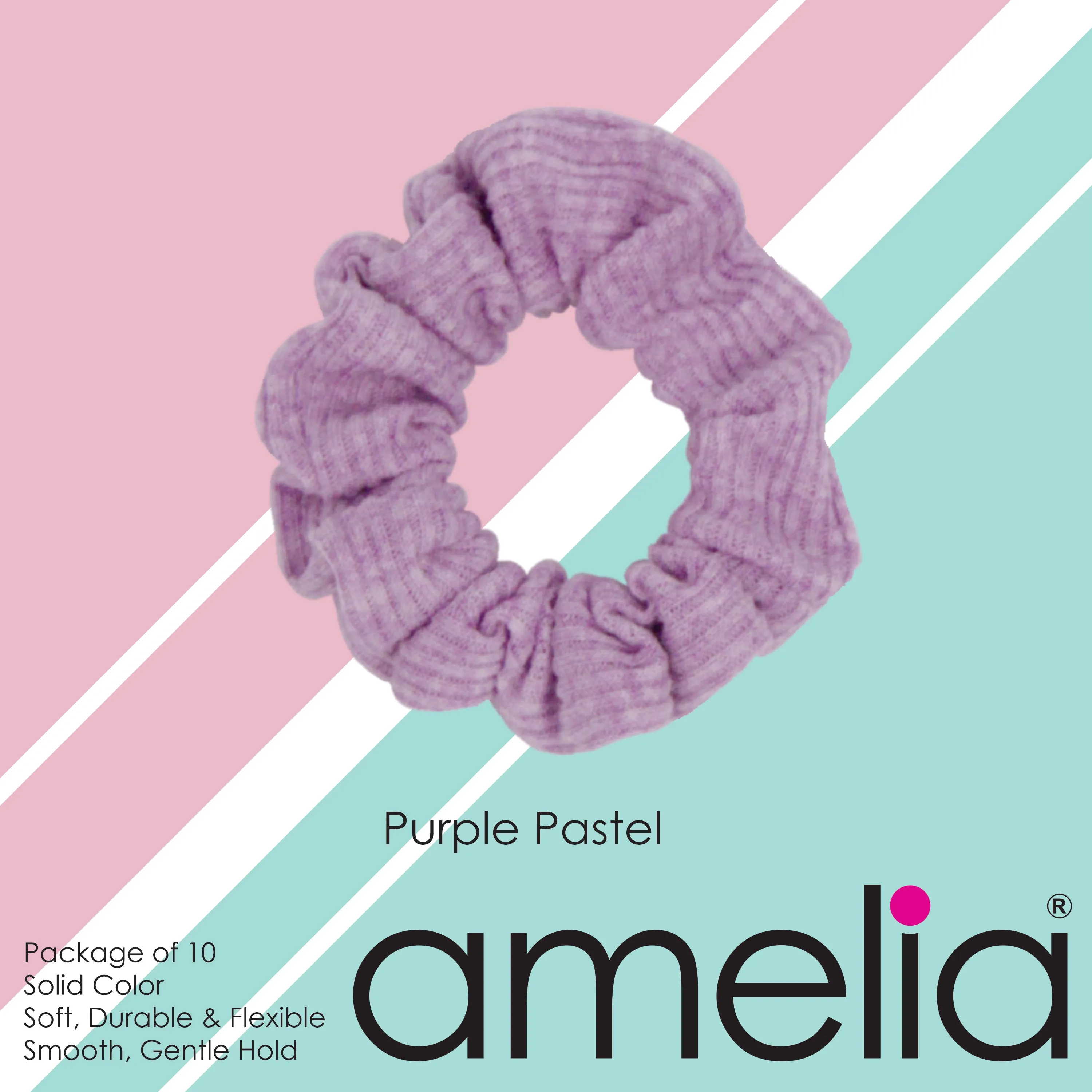 Amelia Beauty, Medium Pastel Purple Ribbed Scrunchies, 2.5in Diameter, Gentle on Hair, Strong Hold, No Snag, No Dents or Creases. 10 Pack