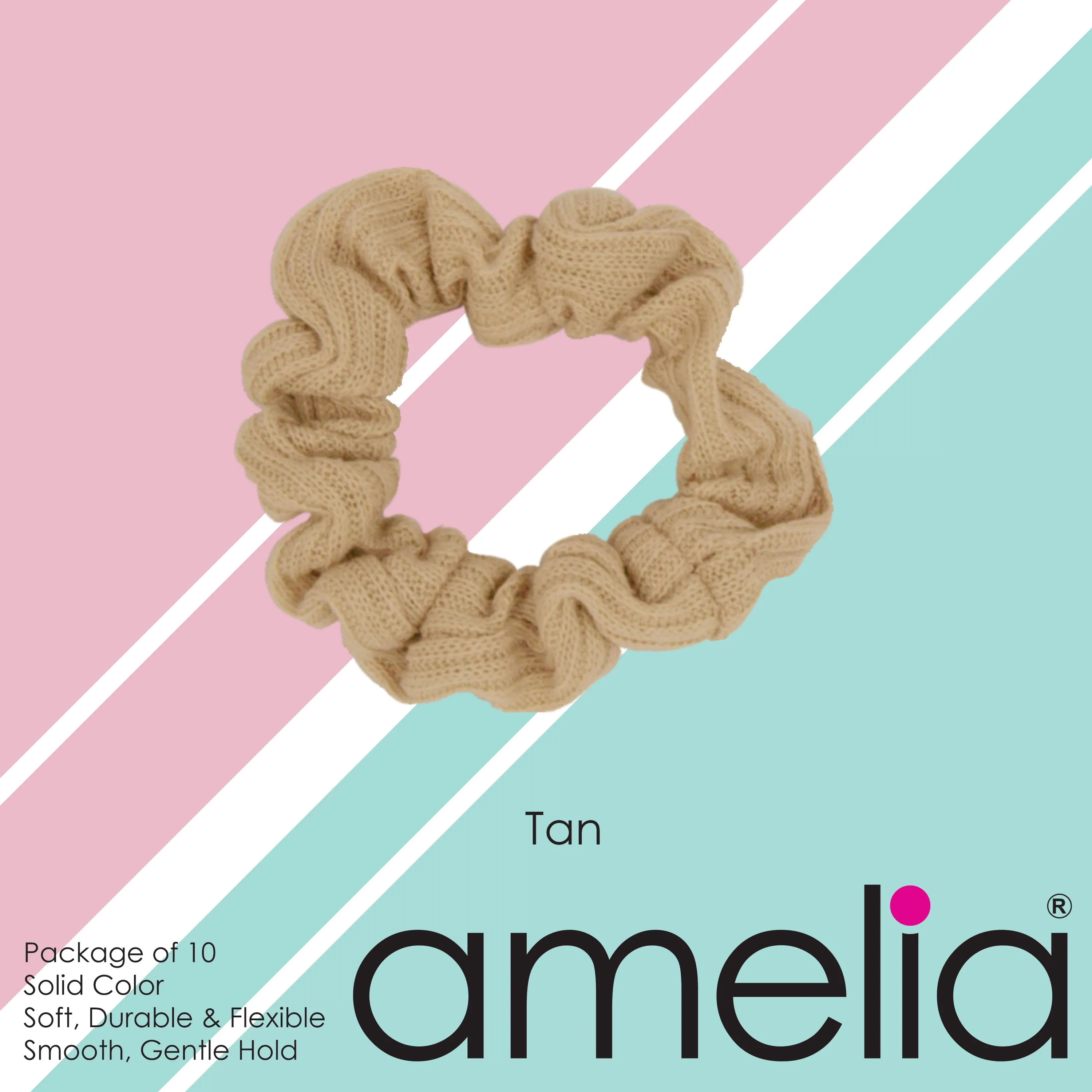 Amelia Beauty, Medium Tan Ribbed Scrunchies, 2.5in Diameter, Gentle on Hair, Strong Hold, No Snag, No Dents or Creases. 10 Pack