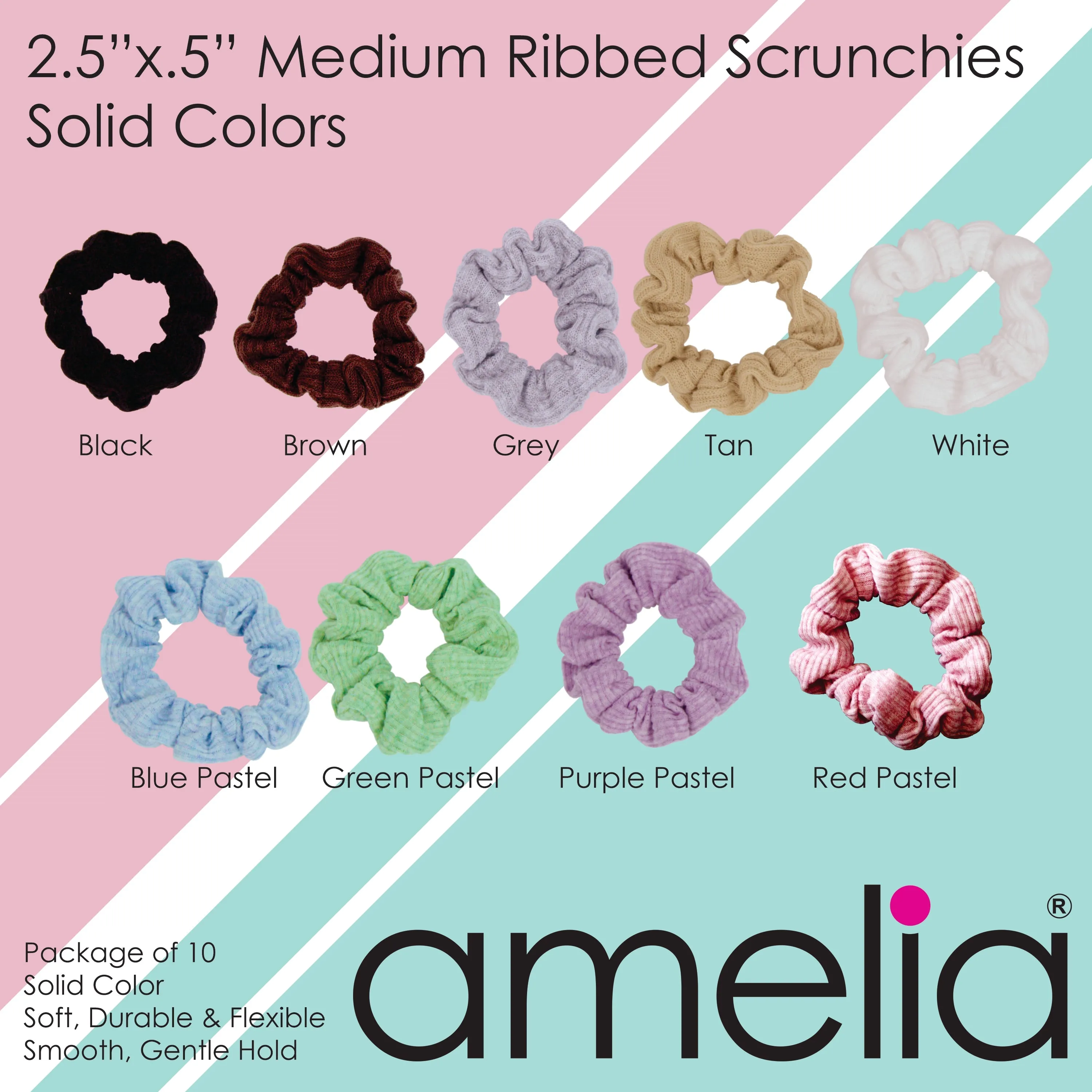 Amelia Beauty, Medium White Ribbed Scrunchies, 2.5in Diameter, Gentle on Hair, Strong Hold, No Snag, No Dents or Creases. 10 Pack