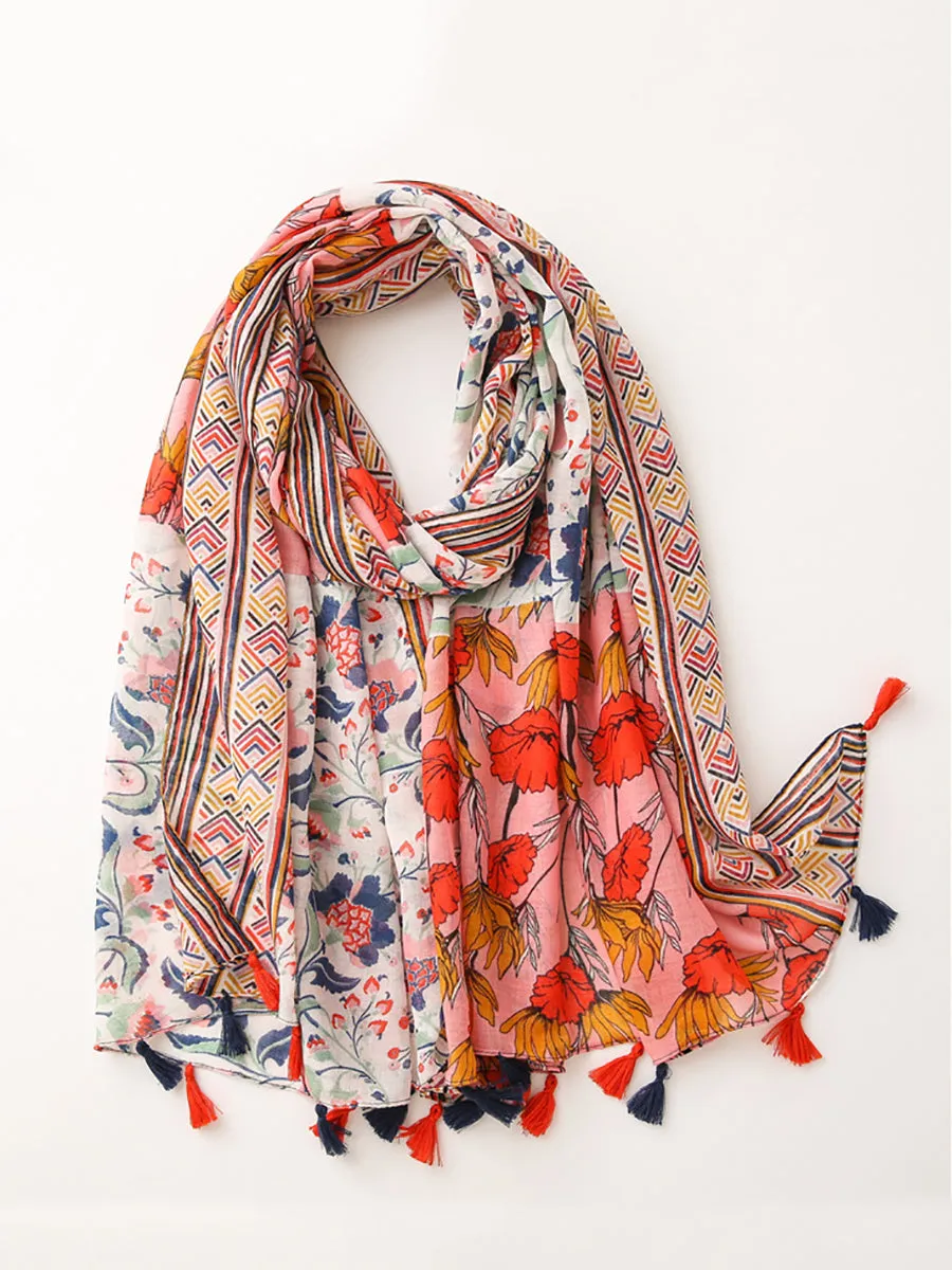 Artsy Floral Spliced Tassel Fashion Travel Shawl Scarf