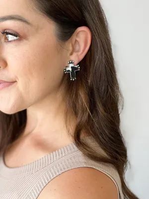 Black & White Cow Print Cross Earrings
