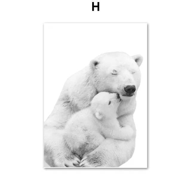 Black & White Polar Bear Monkey Sloth Fox Animals Wall Art Painting