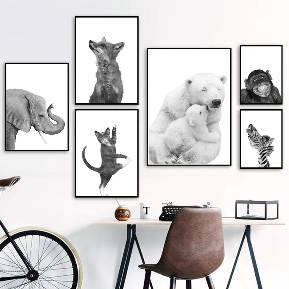 Black & White Polar Bear Monkey Sloth Fox Animals Wall Art Painting