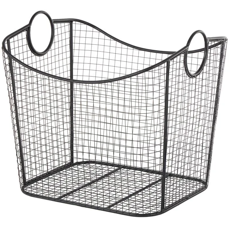 BLACK METAL DEEP STORAGE BASKET WITH ROUND HANDLES
