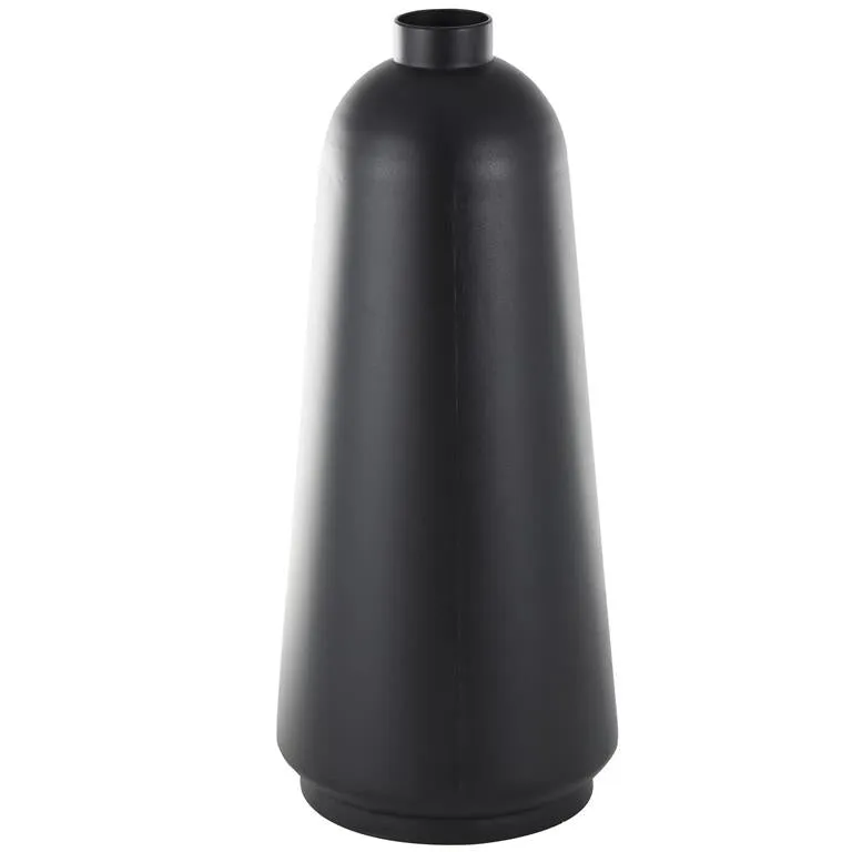 BLACK METAL VASE WITH NARROW OPENING, 13" X 13" X 30"