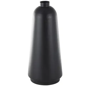 BLACK METAL VASE WITH NARROW OPENING, 13" X 13" X 30"