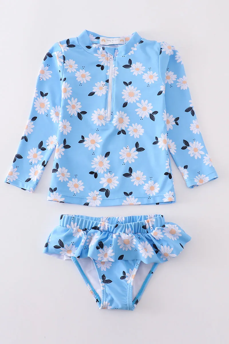 Blue Daisy Print 2pc Girl Swimsuit Upf50 
