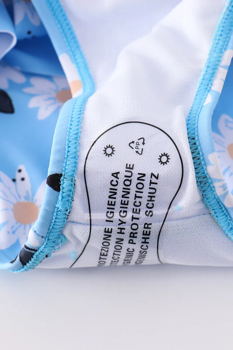Blue Daisy Print 2pc Girl Swimsuit Upf50 