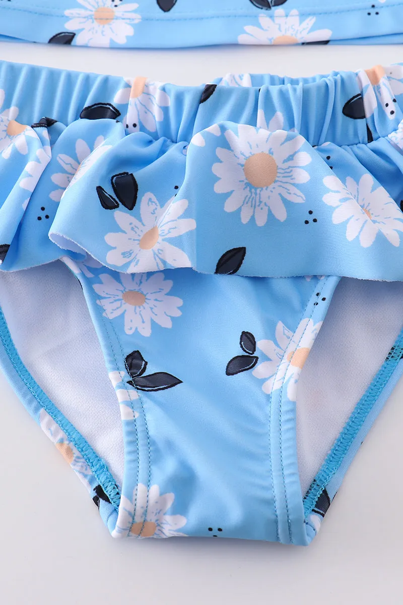 Blue Daisy Print 2pc Girl Swimsuit Upf50 