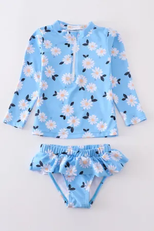 Blue Daisy Print 2pc Girl Swimsuit Upf50 