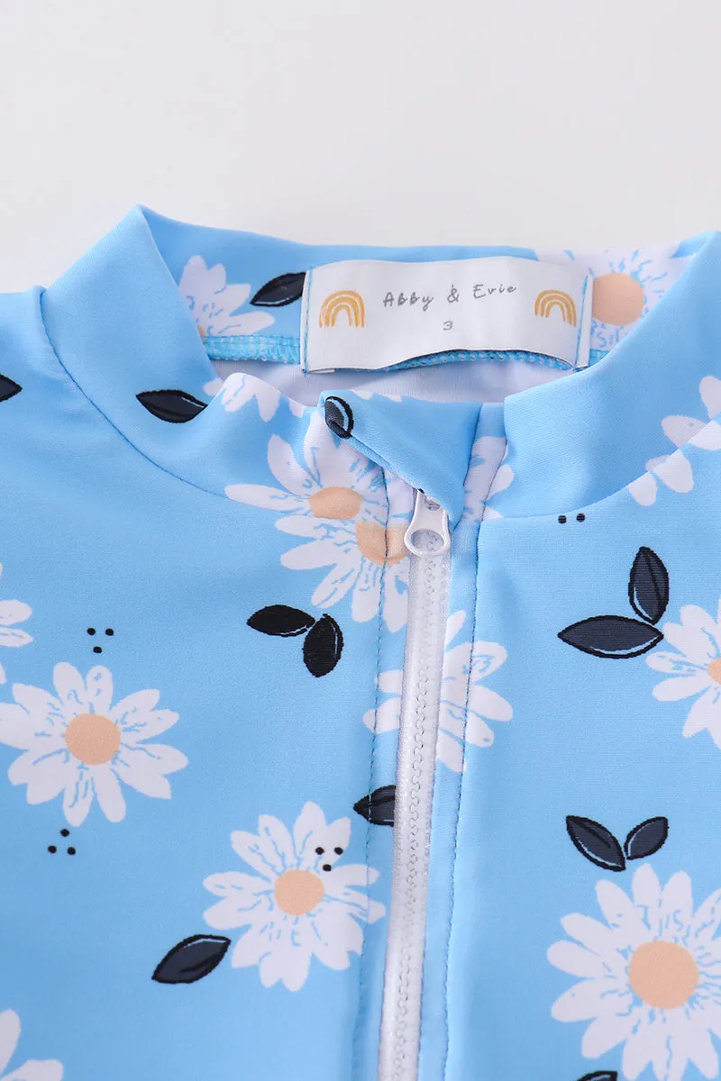 Blue Daisy Print 2pc Girl Swimsuit Upf50 