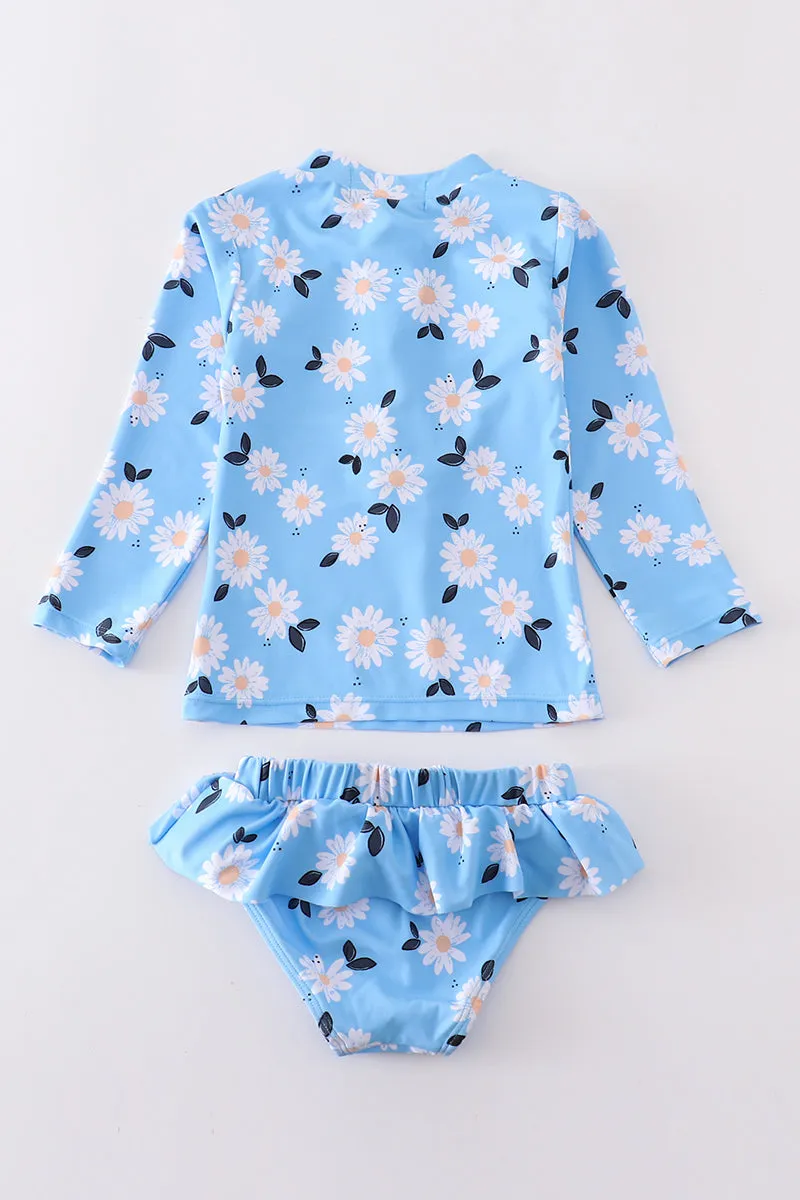 Blue Daisy Print 2pc Girl Swimsuit Upf50 