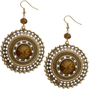 Brown Beaded Gold Cutout Earrings