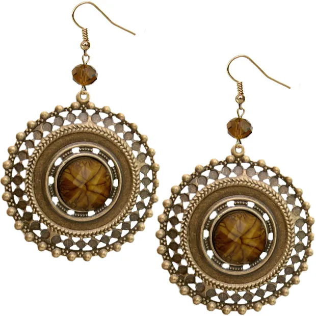 Brown Beaded Gold Cutout Earrings