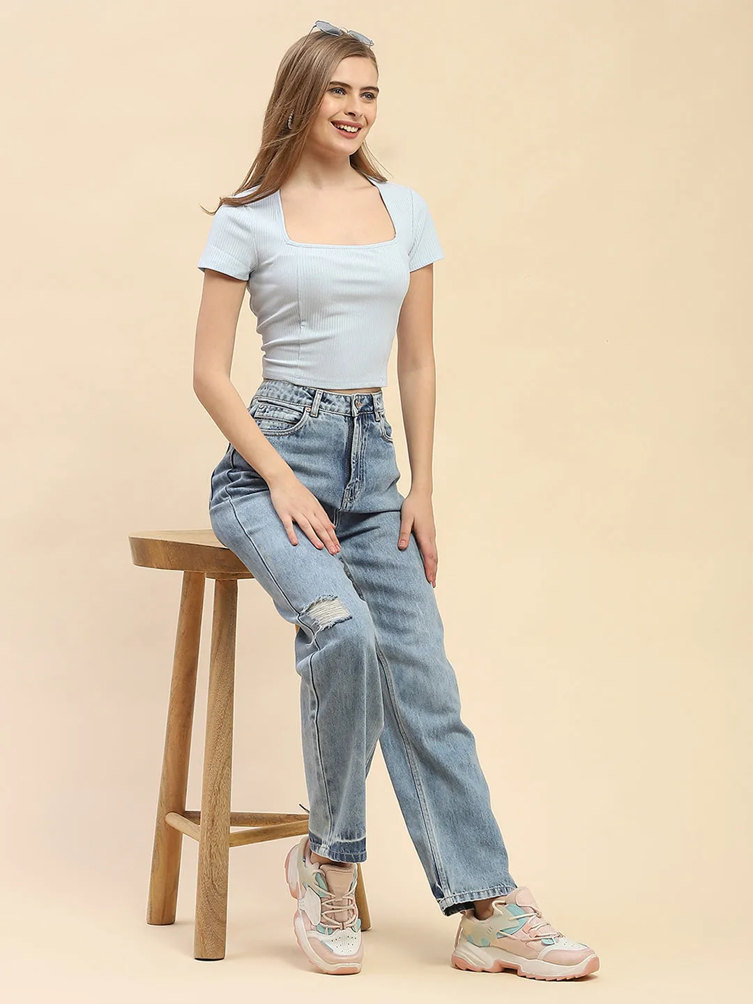 Camla Barcelona Square Neck White Ribbed Crop Top