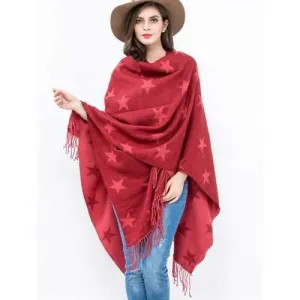 Casual Five-Pointed Star Pattern Tassel Edge Shawl Pashmina - Red