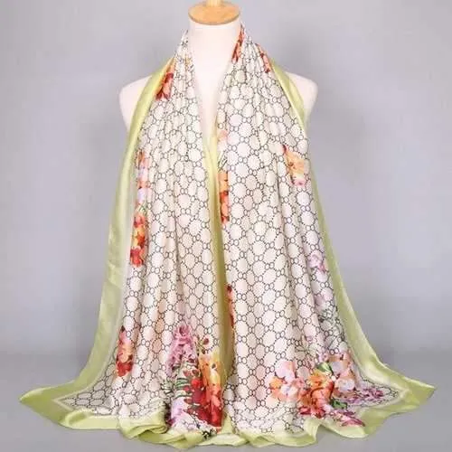 Casual Flower Round Mesh Satin Shawl Scarf - Light Green