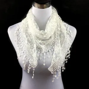 Casual Wintersweet Embroidery Tassel Triangle Trim Lace Scarf - White
