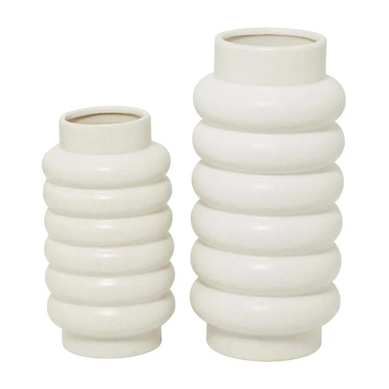 COSMOLIVING BY COSMOPOLITAN WHITE CERAMIC VASE WITH RING RIBBING