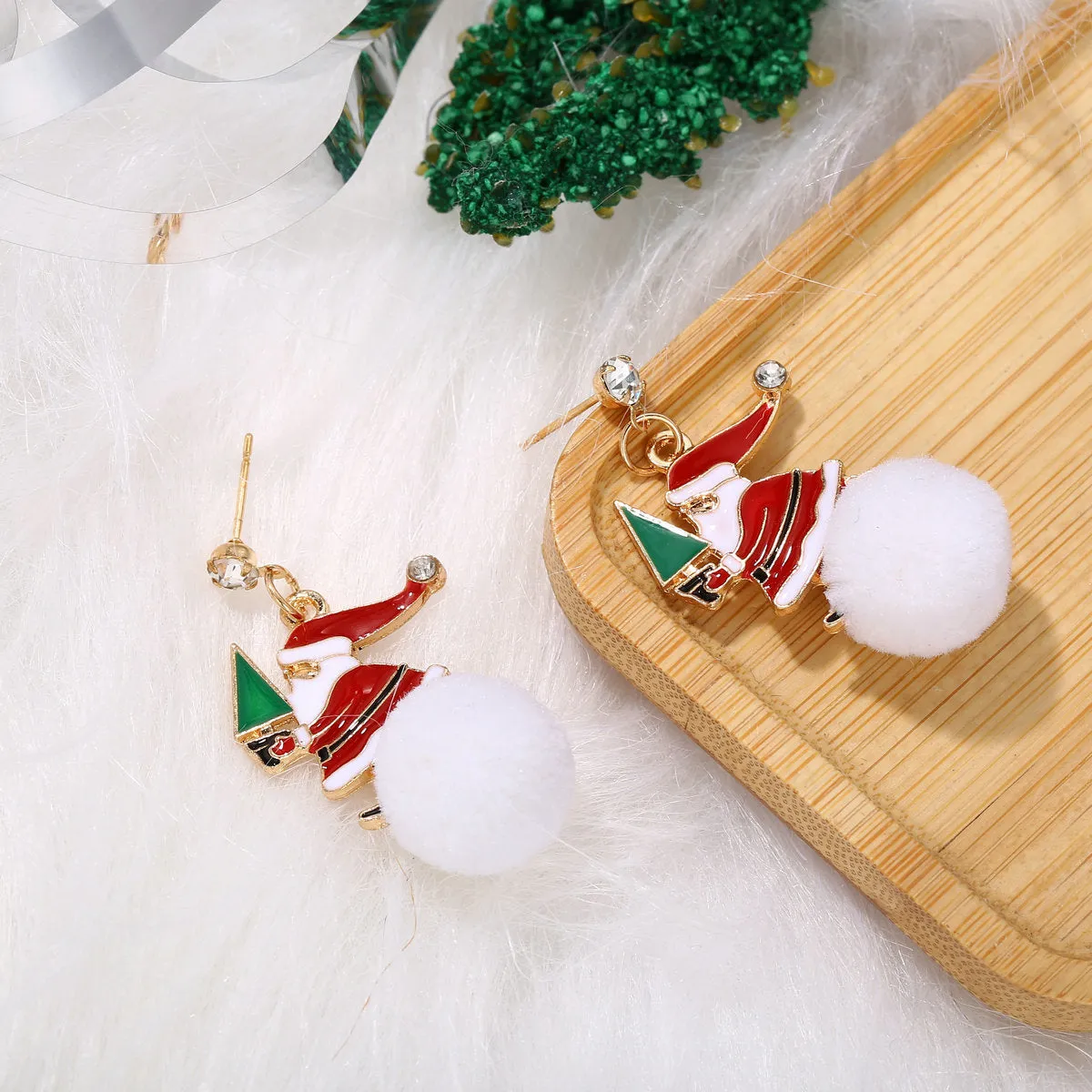 Cubic Zirconia & Enamel 18K Gold-Plated Santa Drop Earring