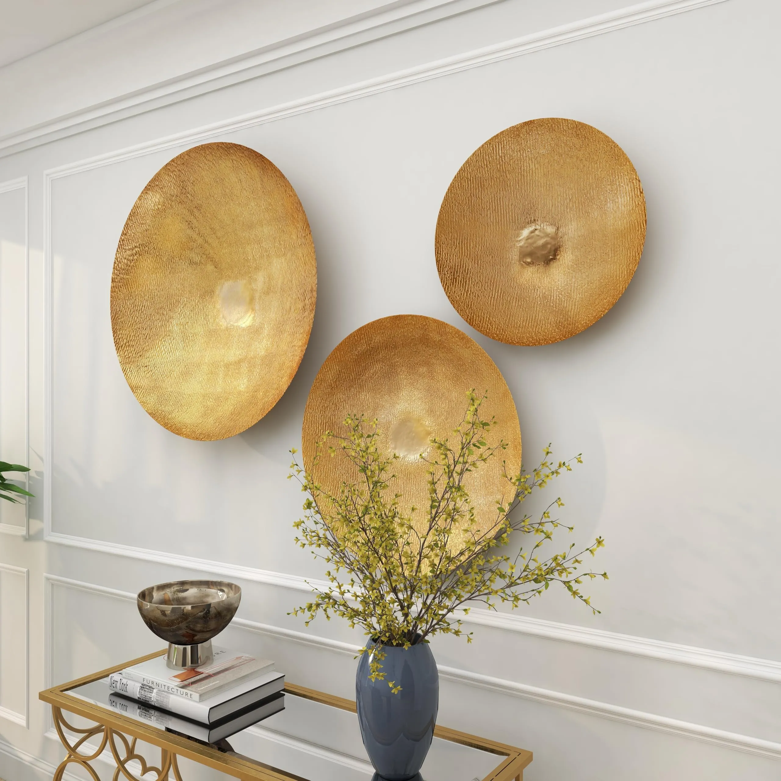 Deco 79 Metal Plate Home Wall Decor Large Metallic Disk Wall Sculpture, Set of 3 Wall Art 36", 27", 22"D, Gold - new