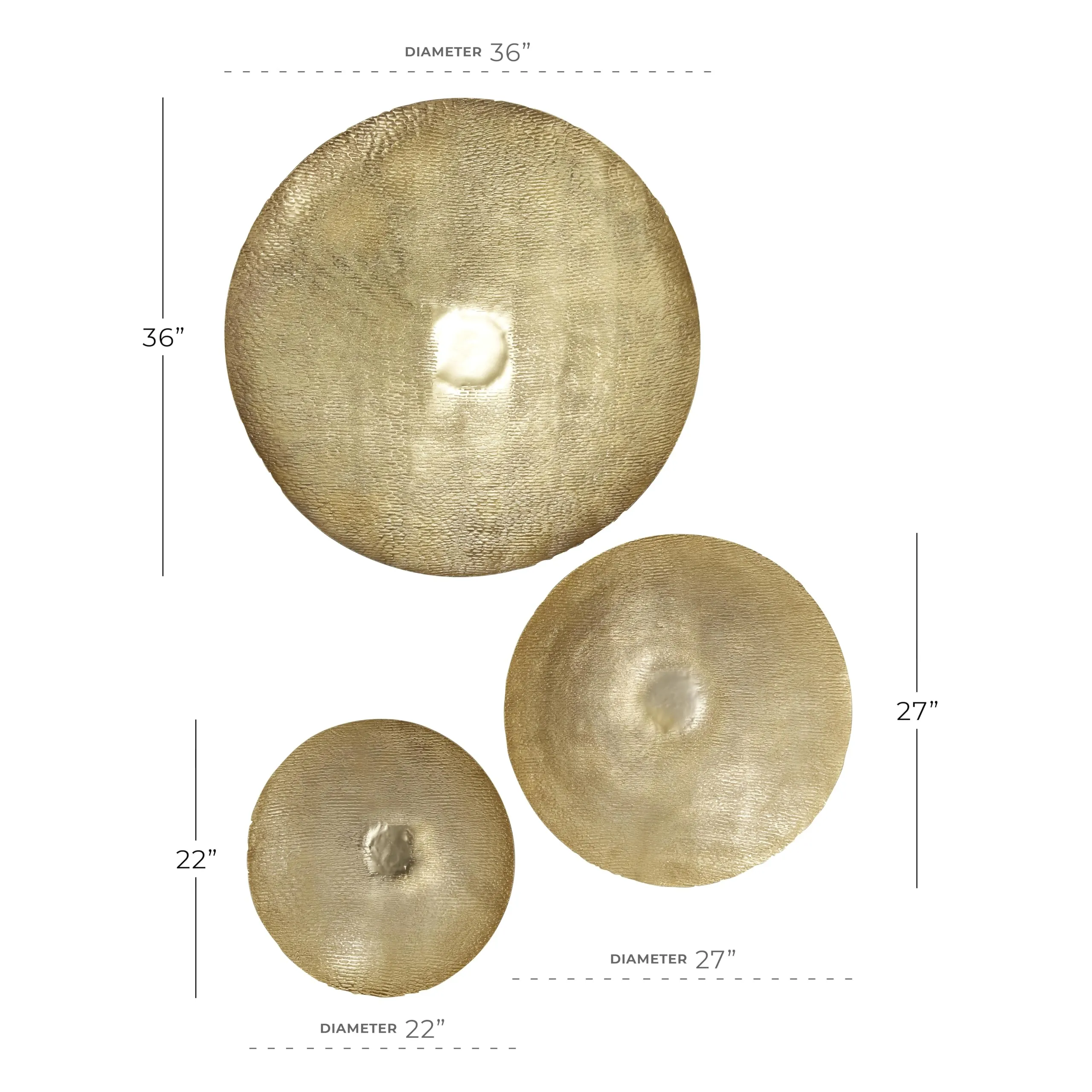 Deco 79 Metal Plate Home Wall Decor Large Metallic Disk Wall Sculpture, Set of 3 Wall Art 36", 27", 22"D, Gold - new