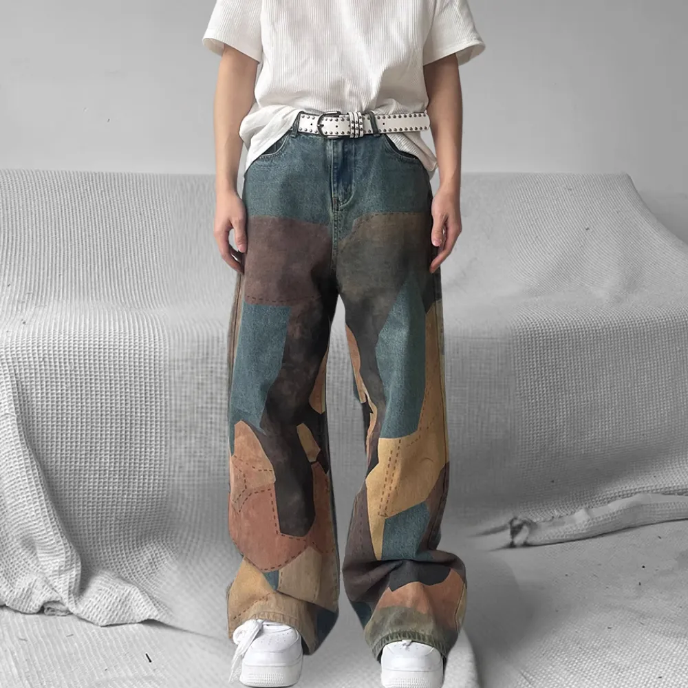 DF |Digital Print Contrast Color Stitching Jeans