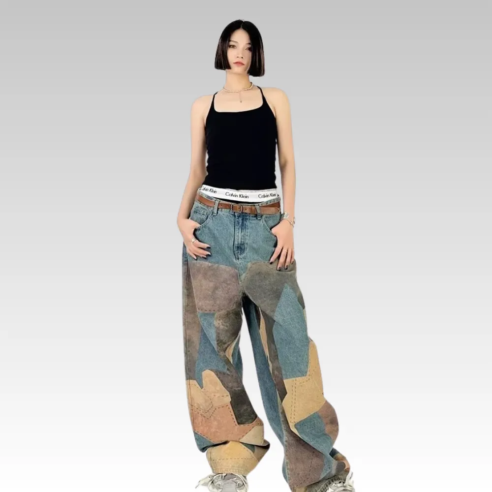 DF |Digital Print Contrast Color Stitching Jeans