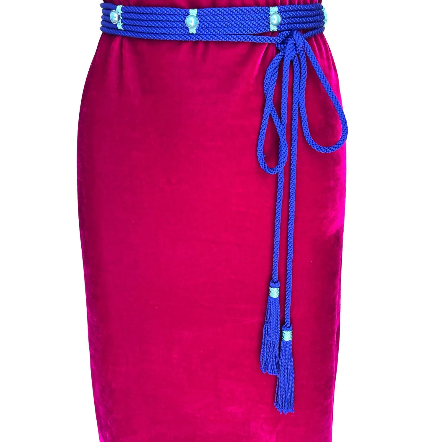 Dress with Slit in Hot Pink Velvet And Blue Silk Belt