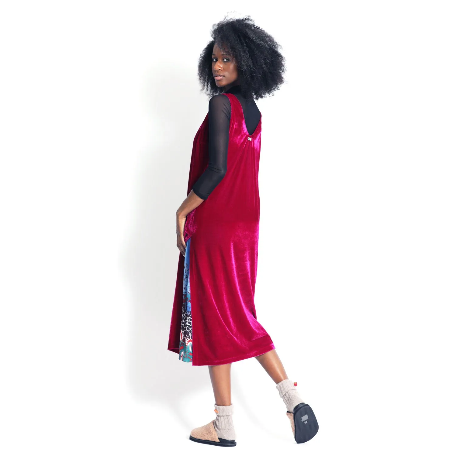 Dress with Slit in Hot Pink Velvet And Blue Silk Belt