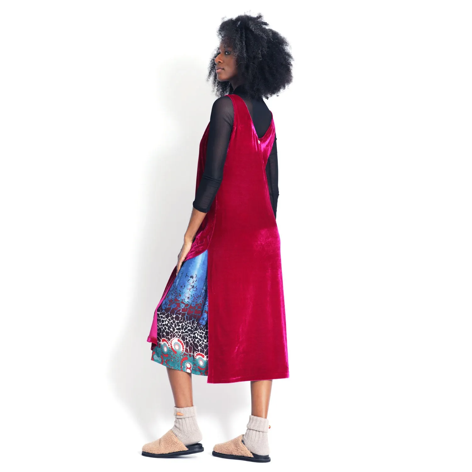 Dress with Slit in Hot Pink Velvet And Blue Silk Belt