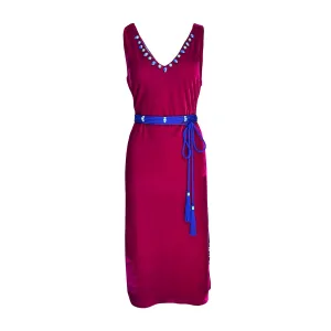 Dress with Slit in Hot Pink Velvet And Blue Silk Belt