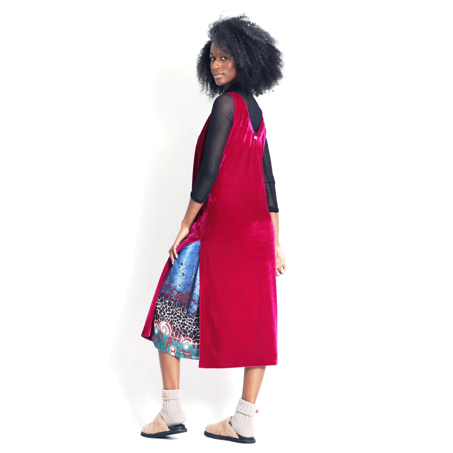 Dress with Slit in Hot Pink Velvet And Blue Silk Belt