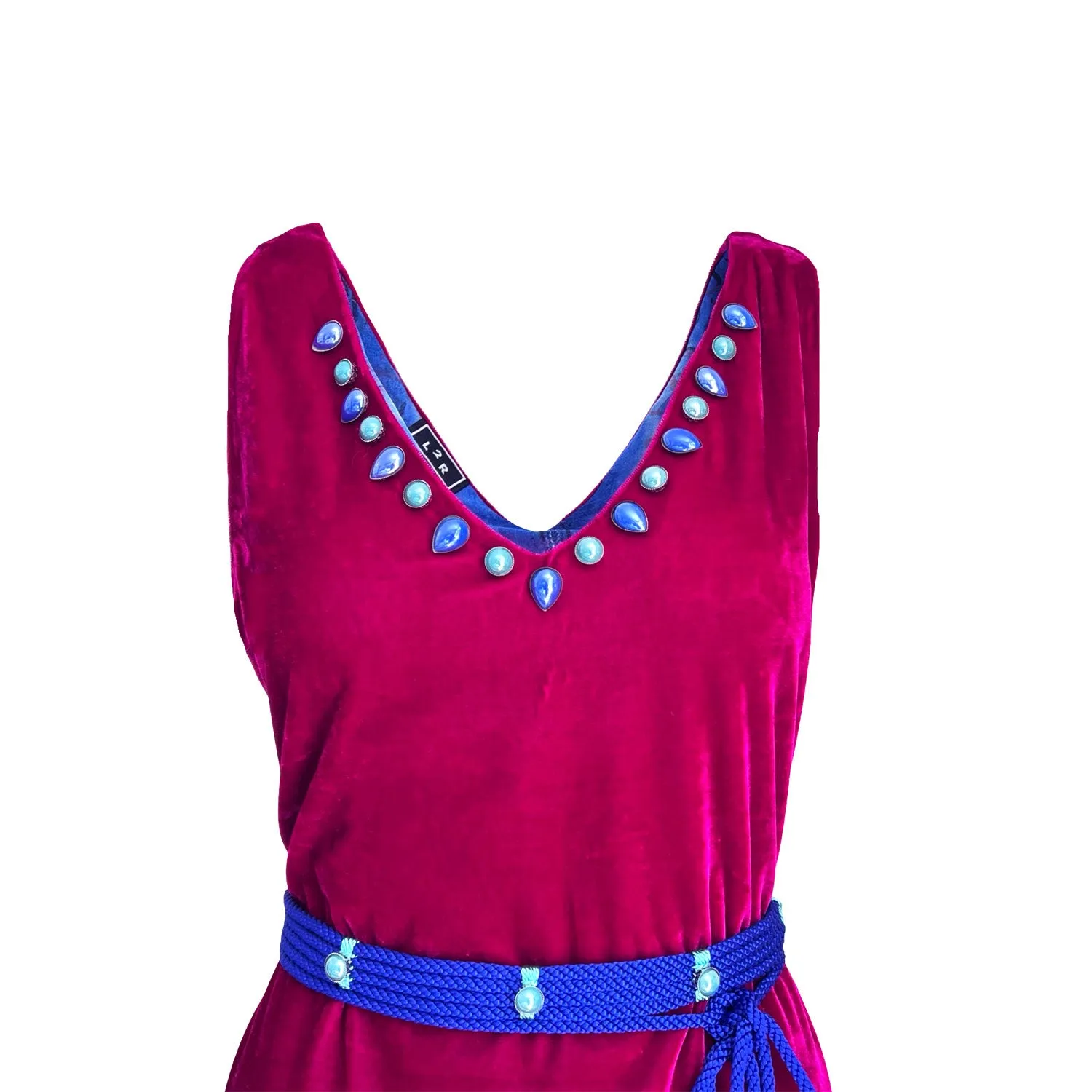 Dress with Slit in Hot Pink Velvet And Blue Silk Belt