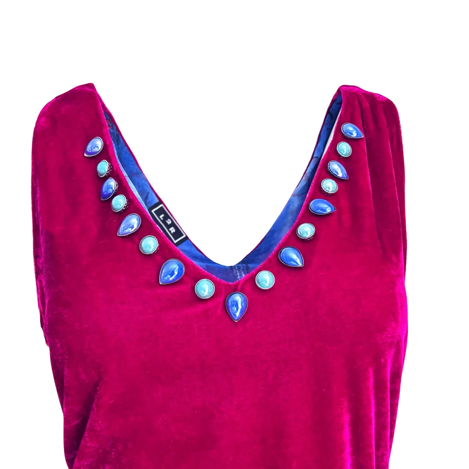 Dress with Slit in Hot Pink Velvet And Blue Silk Belt