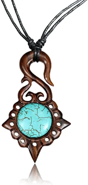 Earth Accessories Adjustable Turquoise Pendant Necklace with Organic Wood-Turquoise Jewelry for Women-Western/Pocahontas Vintage Delicate Necklaces
