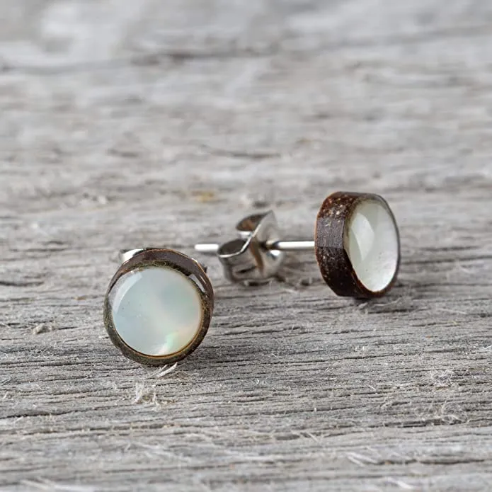 Earth Accessories Organic Shell Stud Earrings for Women - Stud Earring Set surrounded by Coconut Shell with Abalone, Mother of Pearl, and More