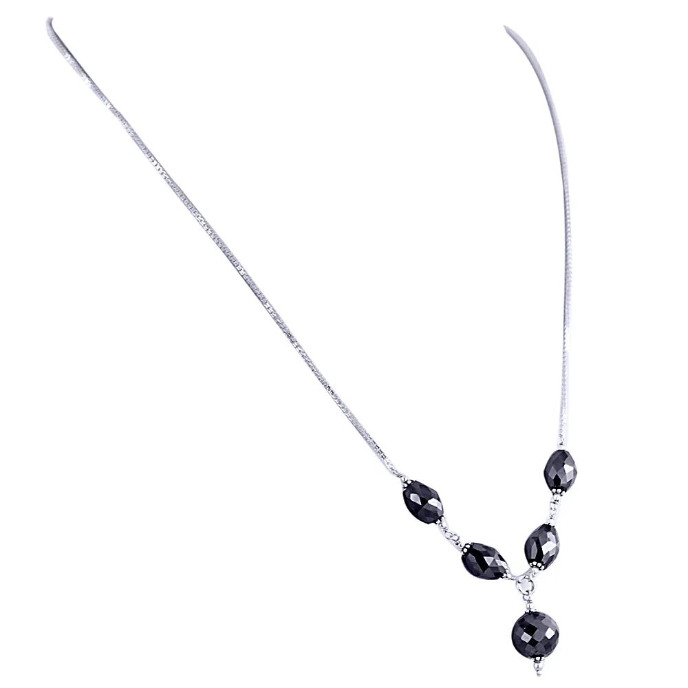 Elegant Drum & Round Black Diamond Sterling Silver Chain Necklace
