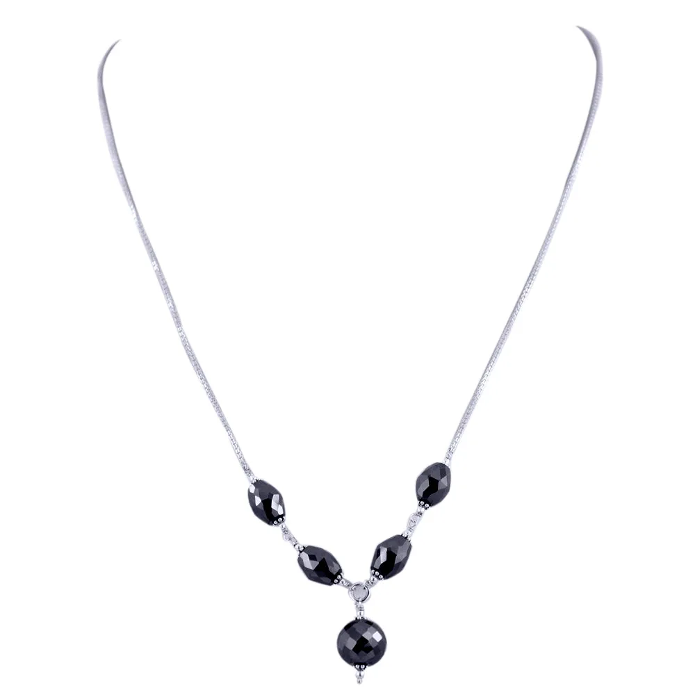 Elegant Drum & Round Black Diamond Sterling Silver Chain Necklace