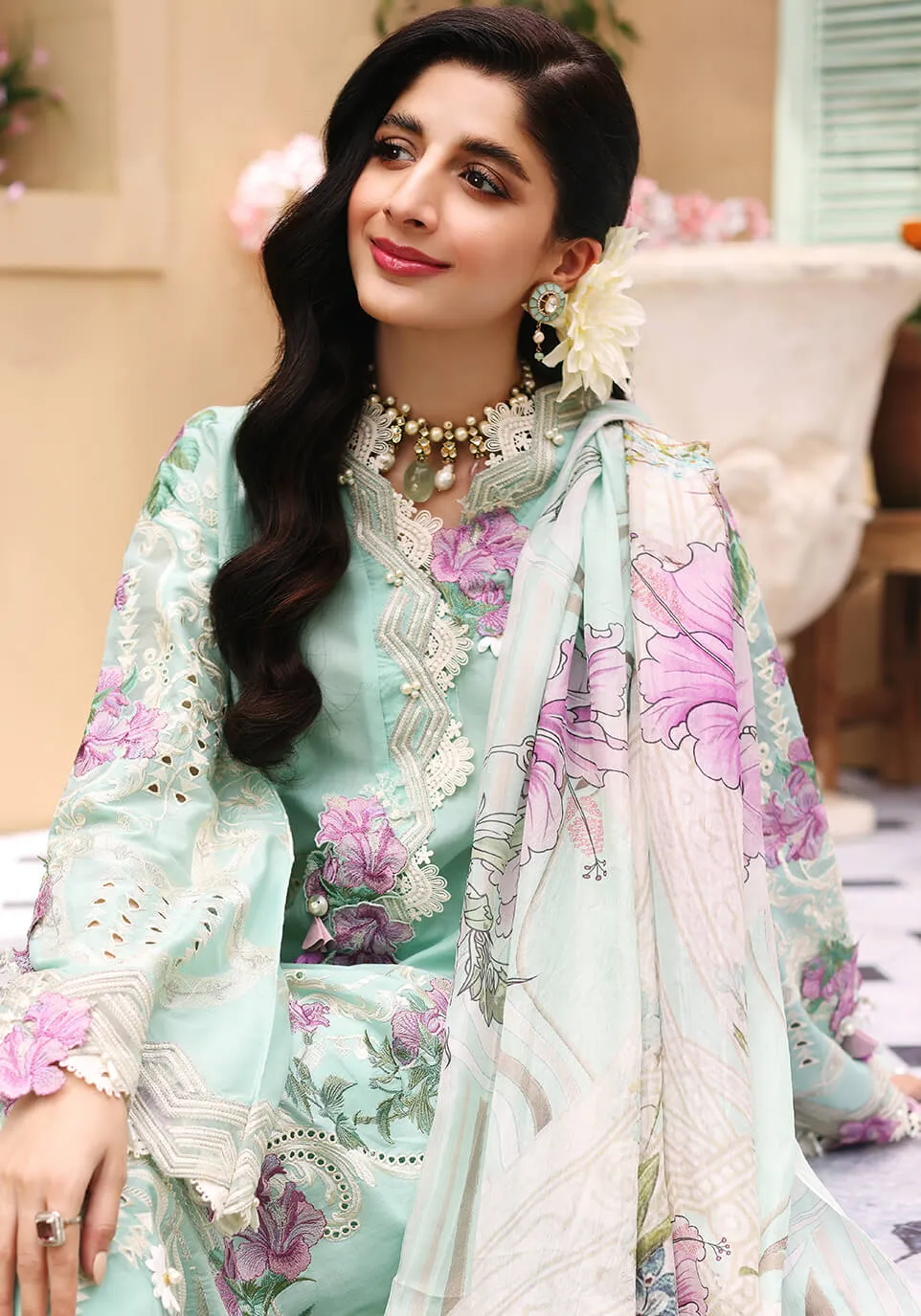 ELF-2 Aqua | Elaf Luxury Festive Lawn Collection 2022 | Unstitched Embroidered Lawn Suits