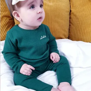 Embroidered Bottle Green Ribbed Loungewear