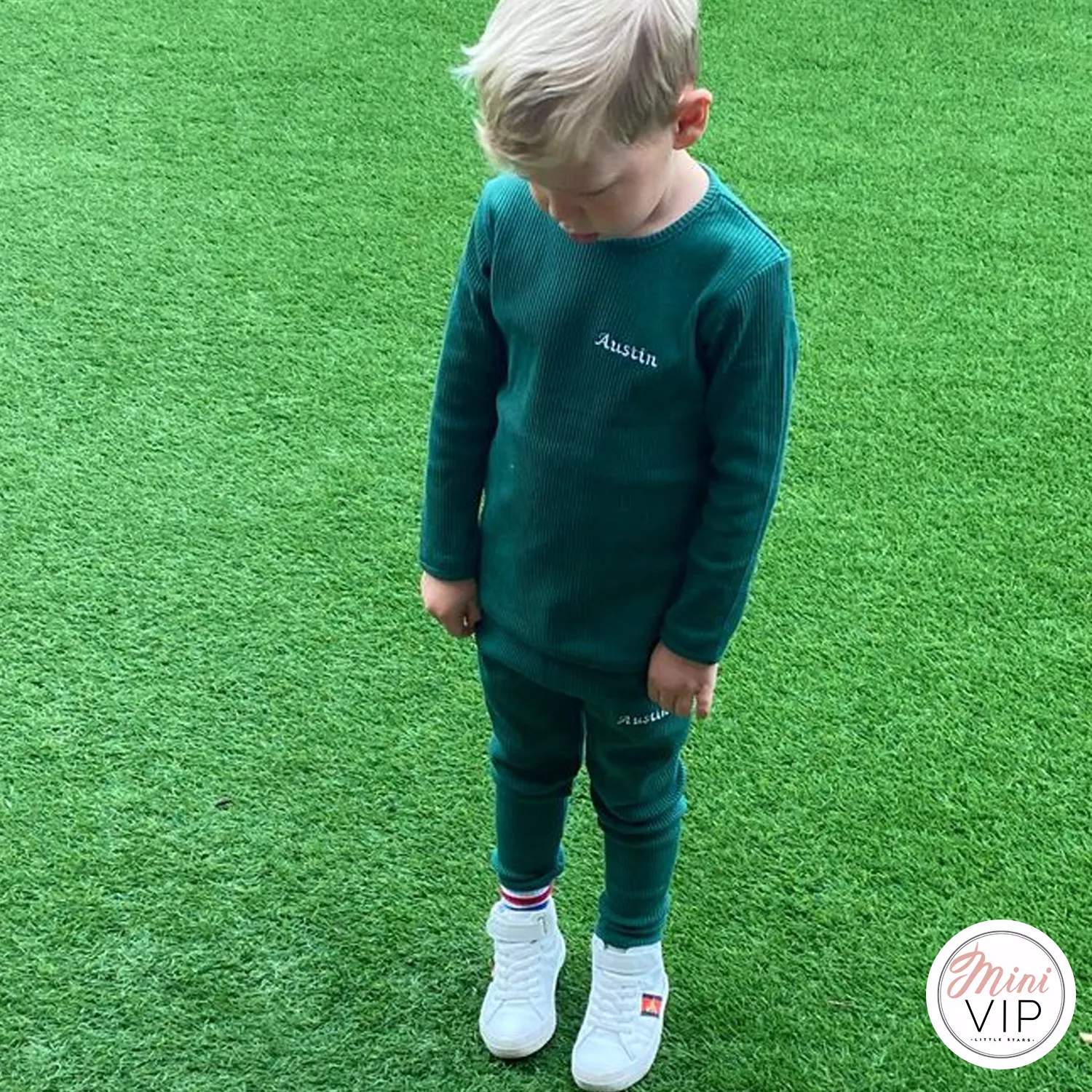 Embroidered Bottle Green Ribbed Loungewear